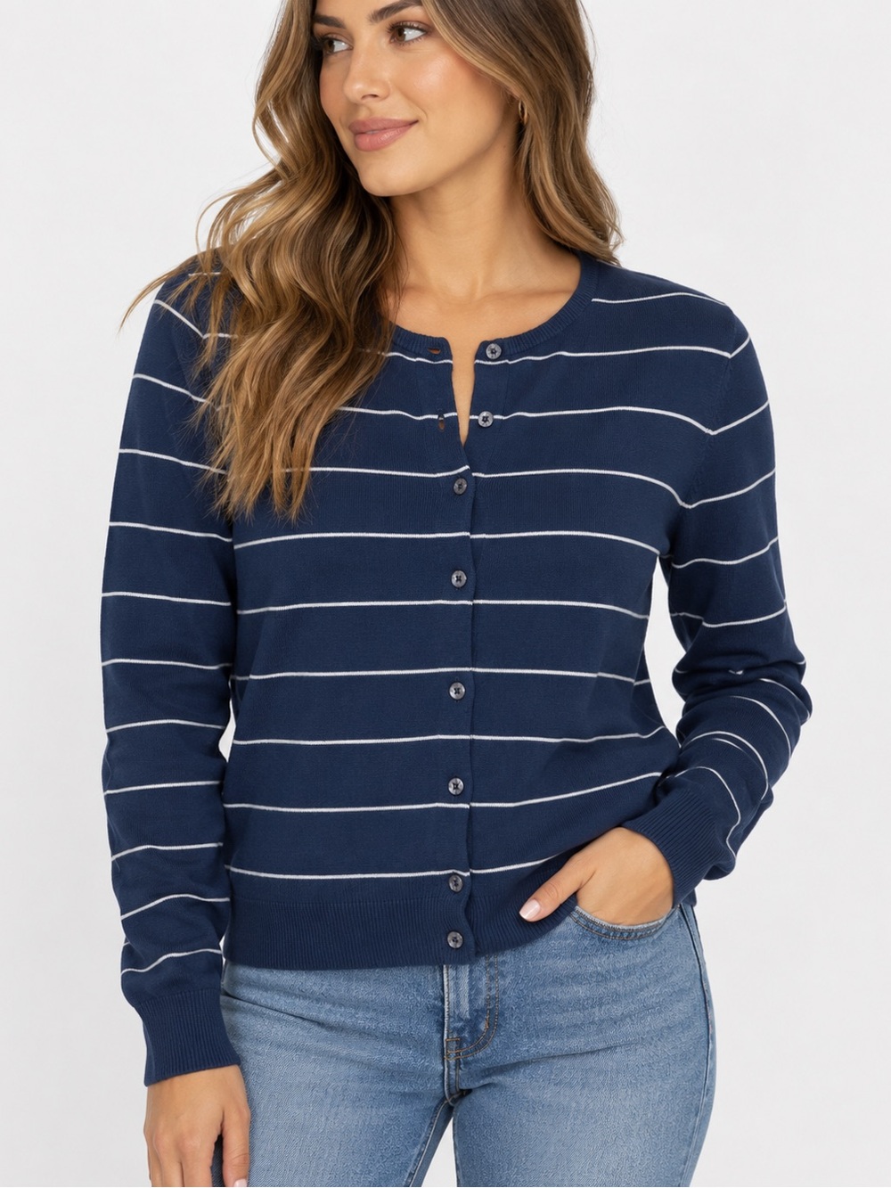 Lauren Ralph Lauren Navy and White Striped Button-Front Cardigan
